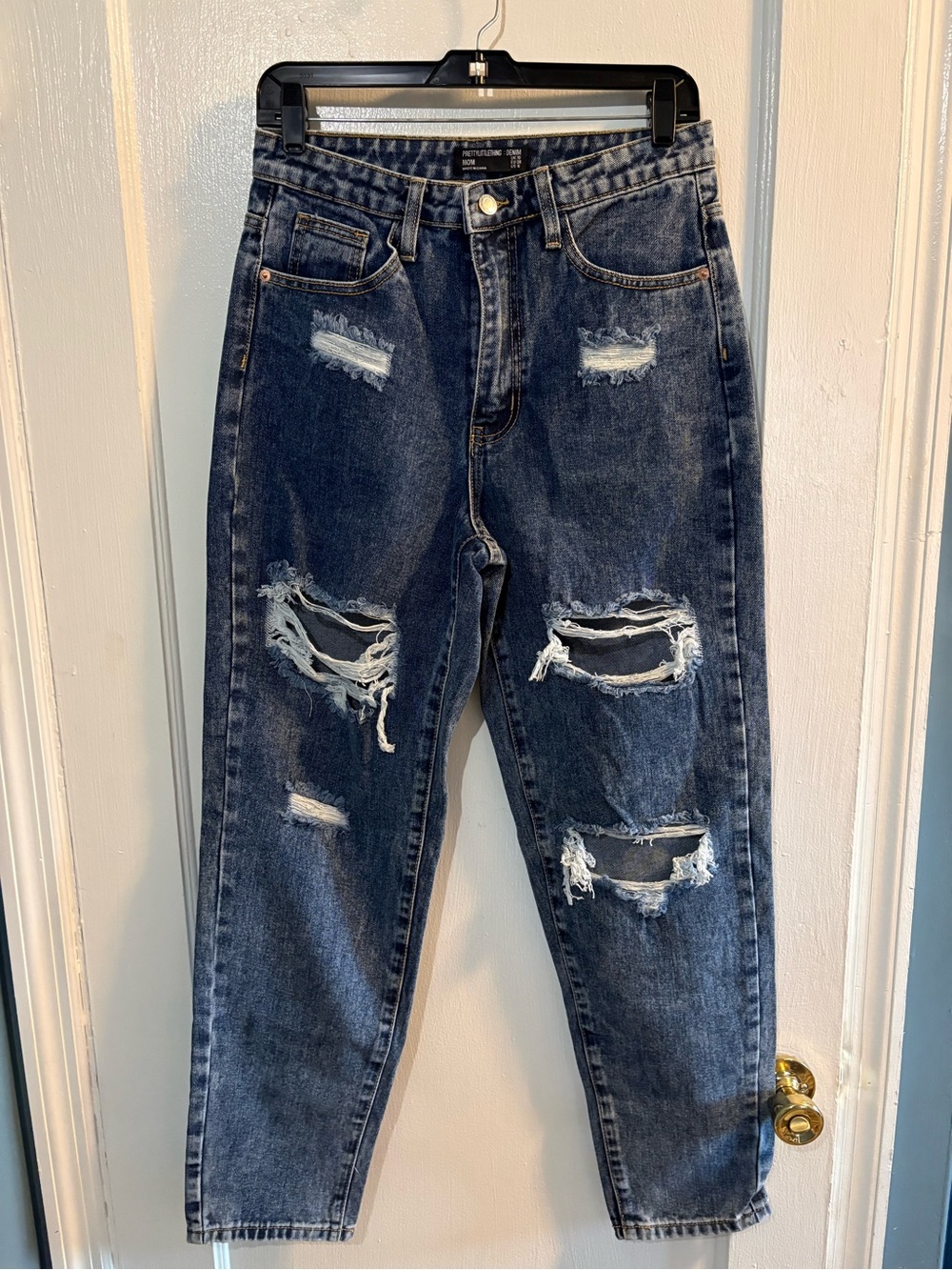 PrettyLittleThing Dark Blue Distressed Boyfriend Jeans